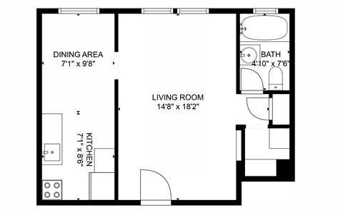 Floor plan for studio, 1 bath, 400 sqft